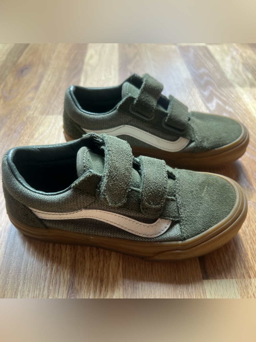 Kids Olive Green Velcro Vans Skate Shoes with White Side Stripe